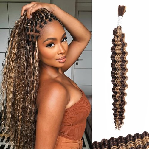 Enaiiby 4/27 Boho Human Hair Braiding Hair Bulk 50g 24 Inch, Deep Wave Ombre Honey Blonde Curly Bundles Human Hair for Boho Knotless Braids, 12A No Weft 100% Unprocessed Brazilian Virgin Hair