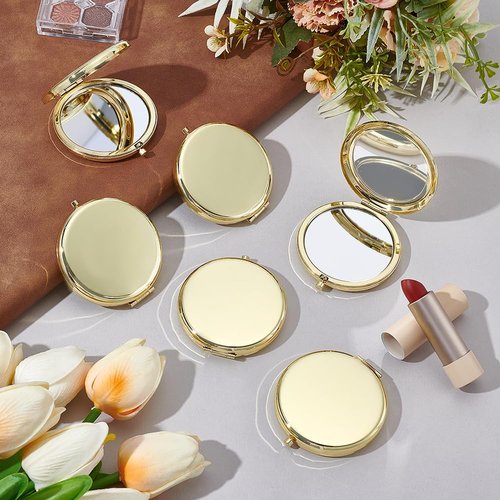 arricraft 10 Pcs Small Folding Makeup Pocket Mirror, Golden Double-Sided 1X/2X Magnifying Round Metal Mirrors for Women Travel Work Date