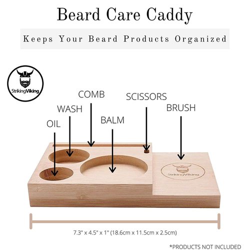 Striking Viking Beard Kit Organizer - 7.3 x 4.5 x 1 in Bamboo - Beard Care Caddy for Oil & Balm - Comb & Brush Stand - Mens Grooming Stand