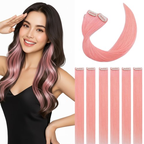 SEGOHAIR Clip in Hair Extensions Real Human Hair for Women, 12 Inch 33g 6pcs, Pink, Straight - Highlight, Add Volume and Length for Daily Wear, Parties, Weddings