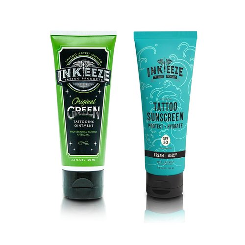 INK-EEZE Bundle: Green Tattoo Ointment 3.3oz Tube + Ink Shield Mineral Tattoo Sunscreen SPF30 3.3oz Tube