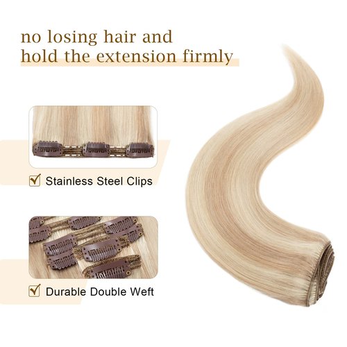 MY-LADY Double Weft 100% Remy Human Hair Clip in Extensions Highlight Full Head Thick Short Soft Silky Straight 8pcs 18clips(12" / 12 inch 110g,#18/613 Light Ash Blonde/Bleach Blonde)