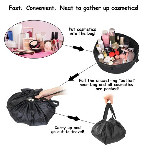 SUMBABO Drawstring Makeup Bag Open Flat – Barrel Drawstring Cosmetic Bag for Women Toiletry Bag for Travel with Brush Bag (Black)