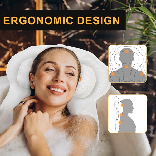 Olaemuo Bath Pillow Luxury Bathtub Pillow, Comfortable Bath Tub Pillows for Tub Head Neck Back Support, Shower Pillows for Tub, Bath Tub Pillow Headrest with Strong Suction Cups, Spa Accessories-White