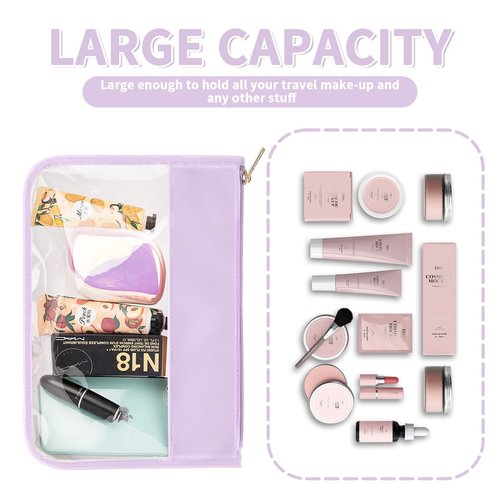Iqimott Clear Zipper Pouch, DIY Clear Makeup Cosmetic Bag Purse for Women Girls, Chenille Letter Travel Toiletry Bag(Purple)