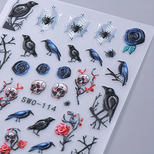 Halloween Nail Art Stickers Decals 2PCS 5D Embossed Skull Nail Art Decals Crow Spider Web Nails Supplies Branch Blue Red Flowers Skull Spider Designs Stickers Halloween Manicure Decorations for Women