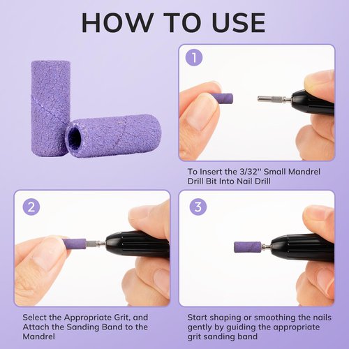 Lavinda Small Sanding Bands Nail Drill Bit, 80 Piece Extra Fine Sanding Bands for Nail Drill with 3.1mm Mandrel Bit for Acrylic Nails Gel Removing Shaping Polishing Nail Salon Use (240 Grit, Purple)