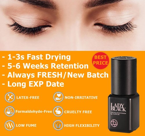 Sky Lady Black Glue Eyelash Extensions 5ml / Professional Max Bonding Strength Lash Glue / 1-3 Sec Fast Drying / 5-6 Weeks Retention