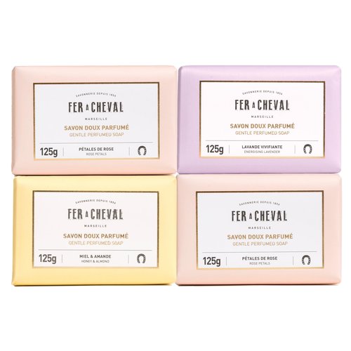 Fer à Cheval Gentle Perfumed Soaps Gift Set, 4x125g/4.41oz - Marseille Vegetable Soap with Shea Butter and Softening Oils