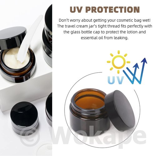 Wokape 20Pcs 5ml Round Glass Jars with Liner Lids Spoons, 0.17oz Amber Refillable Cosmetic Storage Jars for Cream Lotion Liquid Powder