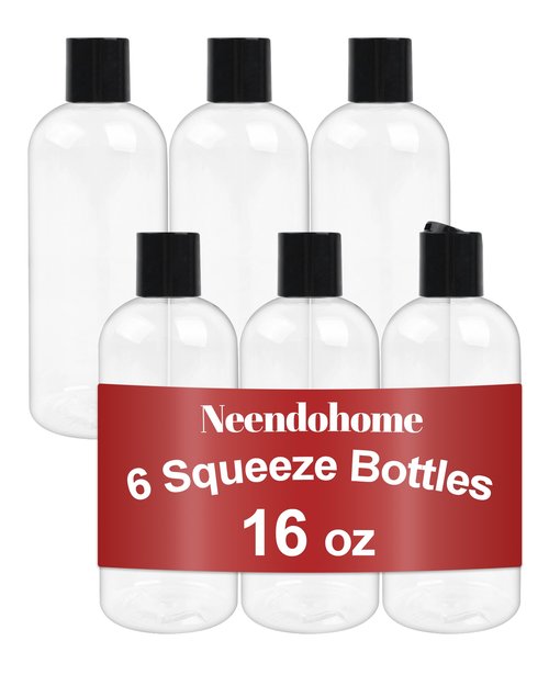 Neendohome 16 oz BPA Free Plastic Suqeeze Bottles with Black Disc Caps Refillable Travel Containers for Toiletries Shampoo conditioner Lotions Liquid Soap Shower Gel (6Pack, Clear)