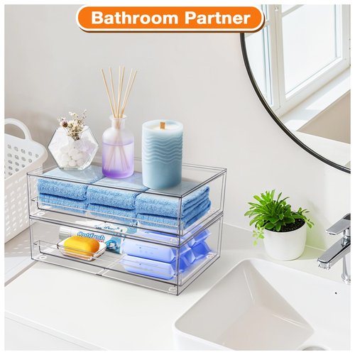 Clear Stackable Storage Drawers,2 Pack Plastic Organizers Bins for Makeup Organizer,Bathroom Makeup Organizer for Palettes,Cosmetic, and Beauty Supplies,Ideal for Vanity, Cabinet,Desk Organization