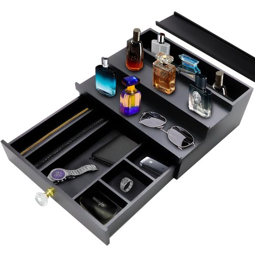 KALLODEAR Cologne Organizer for Men, 3 Tier Cologne Stand Organizer for Men, Wood Perfume Organizer with Felt Lining Drawer and Hidden Compartment, Great Gift for Men(Black)