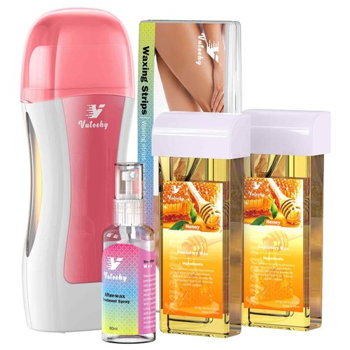 Vuteehy Roll on Wax Kit, Rolling Wax Hair Removal Kit for Women Men, Waxing Kit for Hair Removal, Roller Waxing Kit with 2 Honey Cartridges, 50 Pcs Strips
