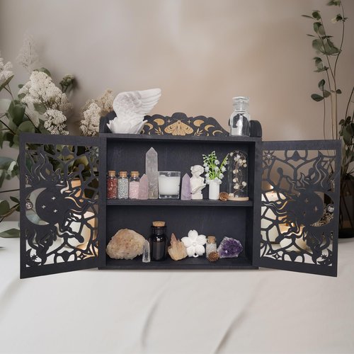 FNYDOX Large Crystal Display Shelf Case for Stones, Carved Sun Crescent Moon Shelf, Trinket Shelf Nail Polish Rack Crystal Holder Essential Oil Storage Rock Cabinet Gem Stone Organizer