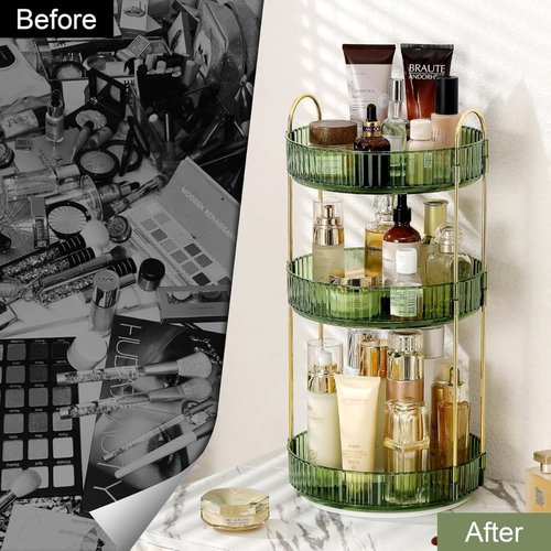 Satpurush 360° Rotating Makeup Organizer – 3-Tier Spinning Cosmetic Holder for Vanity, Countertop, Bathroom & Dresser – Perfume, Skincare & Cosmetic Care Organizer (Clear Green, 3 Tier)