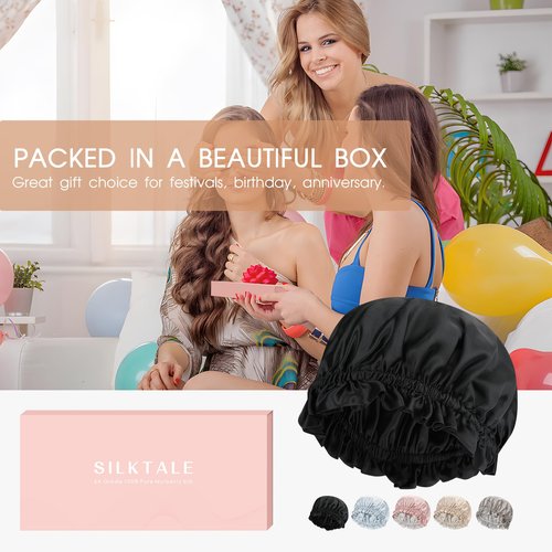 SILKTALE Silk Bonnet Hair Wrap for Sleeping,Pure Mulberry Silk Sleep Bonnet Night Cap for Women/Men,Double Layer 19 Momme Ruffle100% Natural Silk Head Turban for Curly Hair, Black