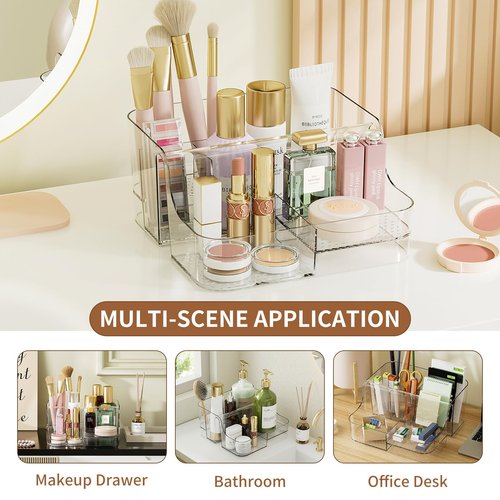 APLOP Clear Makeup Organizer Countertop – 6 Compartments Cosmetic, Jewelry, Skincare & Perfume Organizer, Vanity and Bathroom Counter Organizer, Multi-Use Makeup Brush Holder
