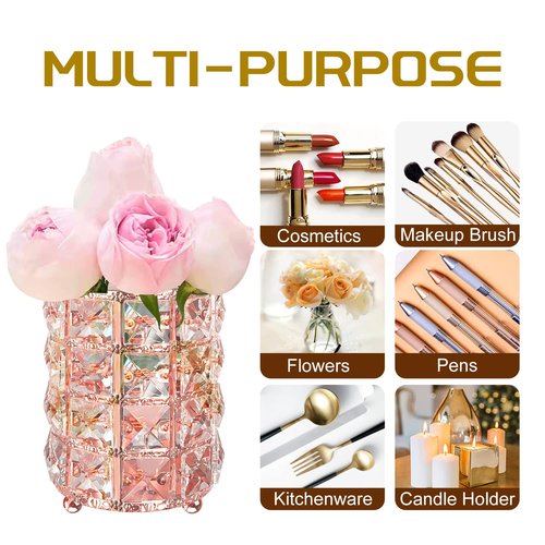 XB'ANG Flower Pattern Makeup Brush Holder Organizer Crystal Cosmetic Cup Eyeliners Eyebrow Pencil Storage Box Container Vanity Decor Accessories (Rose Gold)