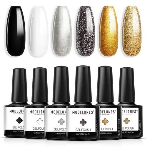 Modelones Black Gold Gel Nail Polish, Glitter Grey White Holiday Fall Gel Polish Kit, 6PCS 10ML Winter Gel Nail Set Top and Base Coat Needed LED Lamp Nail Gel with Gift Box Ideal for Salon DIY at Home