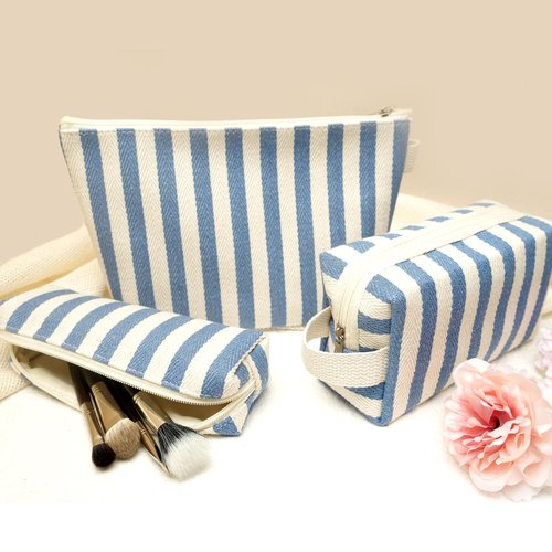 Beayuva 3 Pcs Makeup Bag Set Striped Canvas Purse Cosmetic Bag For Women Travel Toiletry Pouch Organizer pencil case (Blue-White)
