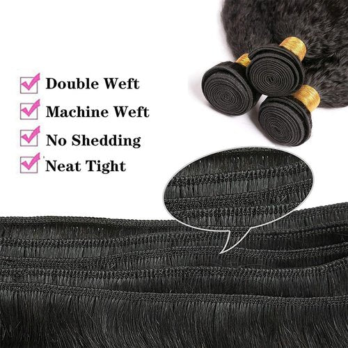 OLFORY Hair Bundles 12A Yaki Kinky Straight Human Hair 3 Bundles 100% Unprocessed Mongolian Virgin Human Hair Kinky Straight Bundles Yaki Hair Natural Color (12 14 16)