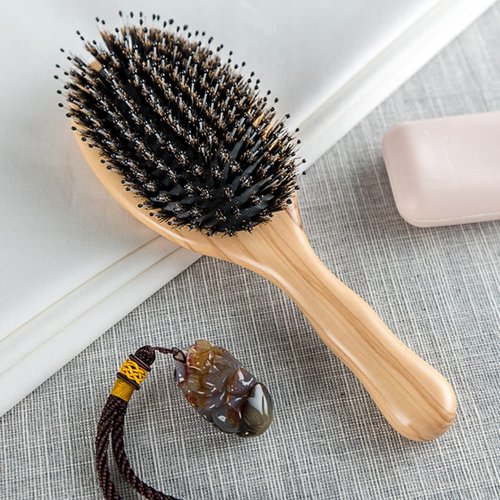 Boar Bristle Hair Brush, Olive Wood Air Cushion Massage Brush With Nylon Pin for Women Men Travel Hair Brush for Curly & Dry Hair Smoothing Detangling