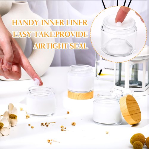 Layhit 24 Pcs 2oz Glass Jars with Lids Clear Small Jars with Plastic Woodgrain Lids, White Labels and Inner Liners Empty Round Cosmetic Containers for Creams Lotions Candle Making (2oz/ 60ml)
