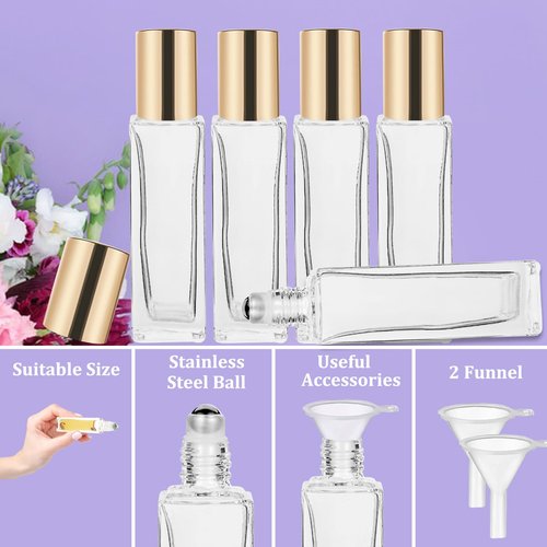 Hzmssore 25 Pcs 10 ml Roller Bottles for Essential Oils, Square Thick Empty Glass Roller Bottles with Stainless Steel Roller Balls Protection Leakproof with 2 Funnel for Travel, Gold