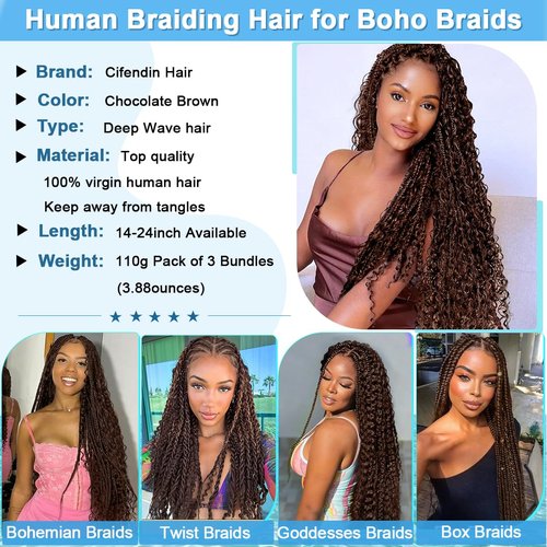 CIFENDIN Human Braiding Hair For Boho Braids 110g Deep Wave Bulk Human Hair for Braiding Knotless 12A 100% Brazilian Virgin Hair Extensions Bulk Bohemian 3 Bundles Chocolate Brown 14 Inch