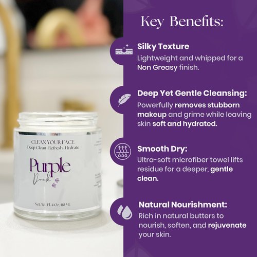 Purple Duck Facial Cleanser Kit – 4 Oz Whipped Coconut Butter Cleanser with Microfiber Towel - Hydrating & Nourishing Skin Care Set – Deep Cleansing & Hydrating Face Care Set for Women & Men