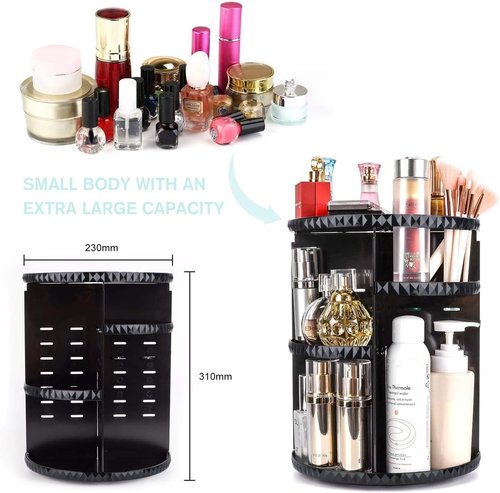 sanipoe Rotating Makeup Organizer,DIY Adjustable Spinning Holder,Foldable Cosmetic Storage Display box,Large Capacity Make up Caddy Shelf,Fits Countertop Vanity and Bathroom (Black)