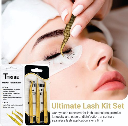 Lash Tweezers for Eyelash Extensions with Diamond Grip, Japanese Stainless Steel, Set of 3 - Great Precision for Classic, Volume & Mega Volume, Premium 45 Degree Curved Set for Women (Gold)