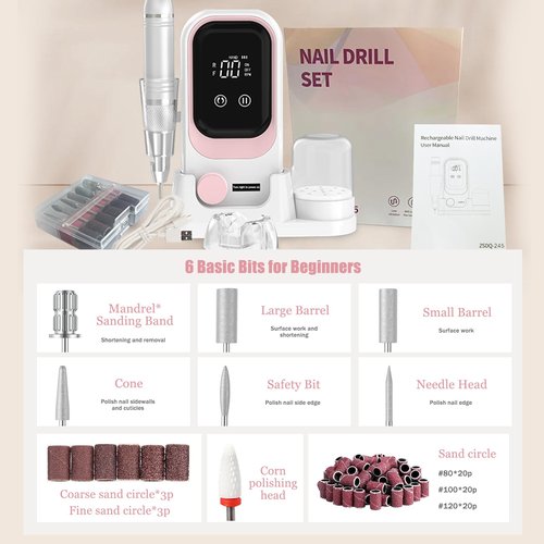 Portable Electric Nail Drill, 35000 RPM Professional Electric Nail File, Cordless Nail Drill with Bits & Base (White & Pink)