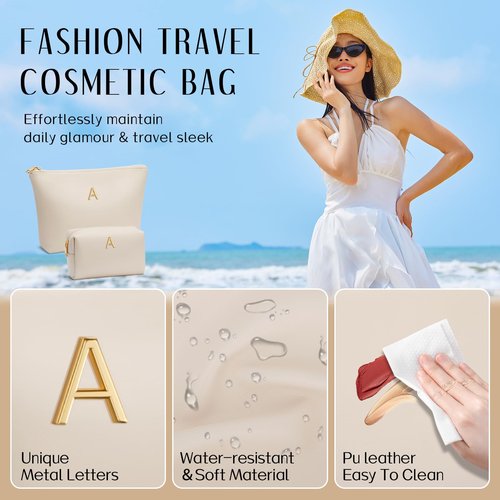 CLOUDWINGS Women Gifts | Initial Makeup Bag Set for Girl Personalized Gifts for Bridesmaid Friend Graduation Teachers PU Leather Cosmetic Travel Toiletry Bag(Beige,A)