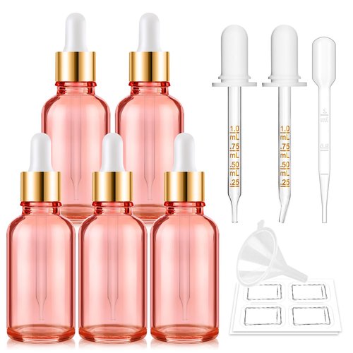 Bumobum 5-Pack Glass Eye Dropper Bottles with Golden Lid - 30ml, Leakproof, Includes 2 Measured Droppers, 1 Funnel, 1 Pipette, 8 Labels