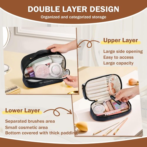 Yowivon Black Makeup Bag Organizer Travel Clear Cosmetic Bags for Women, Leather Waterproof Travel Size Skincare Make Up Bag Toiletry Bag, Graduation Birthday Gifts for Women Girls