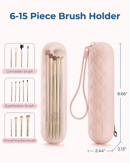 BAGSMART Makeup Brush Holder Bag, Travel Small Makeup Bag for Purse, Make Up Brush Bag Case Cosmetic Bag, Silicone Soft Portable Face Brushes Travel Essentials Organizer Holder, Pink