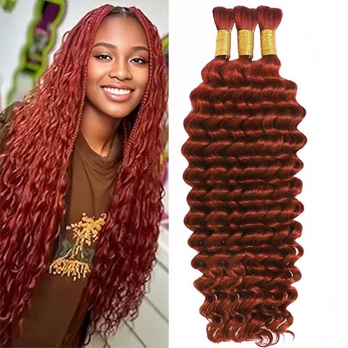 14 Inch 120g Dark Ginger Human Braiding Hair for Boho Braids100% Hair Extensions Deep Water Wave Boho Braiding Curly Wet and Wavy Bohemian Bulk Human Hair for Knotless