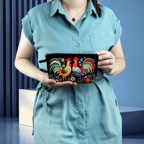 Livel lhood Floral Roosters Makeup Bag Colorful Chicken Small Organizer Bag Zipper Pouch Ethnic Style Roosters Print Cosmetic Bag Present for Women Friends