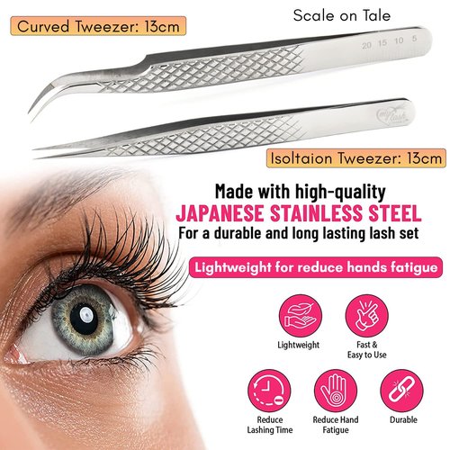 My Lash Tools - New Fiber Tip Lash Tweezers for Eyelash Extensions Tweezers SET OF 2 Mini Isolation & Microgrip Tip Curved Volume Tweezers Japanese Steel Lashing Tweezer (Silver)