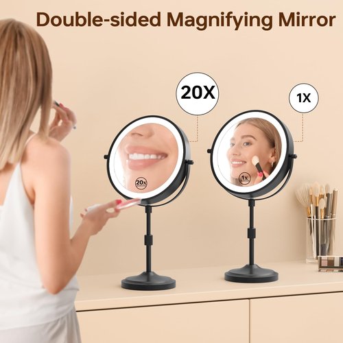 Erlingeryi 9" Magnifying Mirror with Lights 20X, Height Adjustable Lighted Makeup Mirror with Magnification, 5000mAh Rechargeable Battery, Dimmable, 3 Lighting Colors, Black