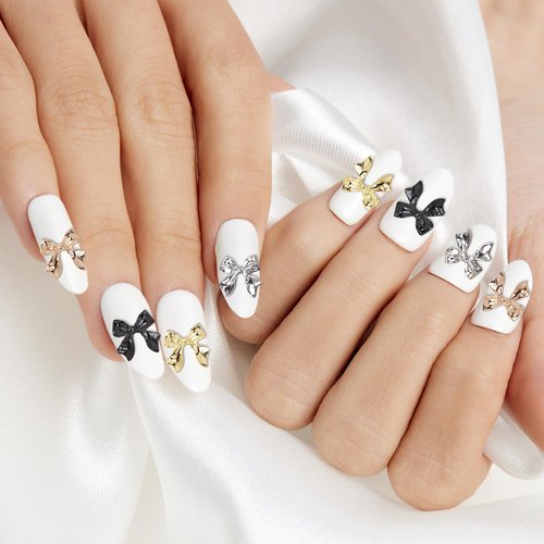 PAGOW 70 Pcs Gold Silver Black Bow Nail Charms, Acrylic Bowknot Nail Bows, Glitter Ribbon Bowknot Nail Decoration for Women, Scrapbook, Crafts, Nail Art (7 Style)