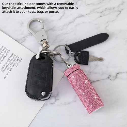 Veseek Lipstick Holder Keychain 2Pcs Lip Balm Holder Lip Balm Sleeve Bling Lip Gloss Holder Keychain Travel Metal Lip Balm Organizer Case Cute Stocking Stuffers Gift for Women (Pink)