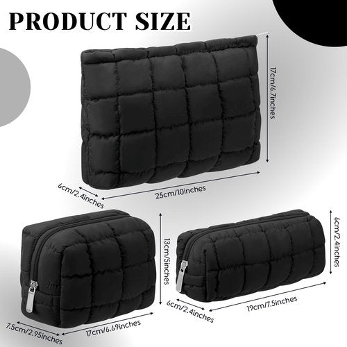 Huhumy 3 Pcs Puffy Makeup Bag Quilted Cosmetic Pouch for Women Cute Checkered Travel Toiletry Bag Puffer Makeup Organizer Purse Pouch Preppy Pencil Case with Zipper