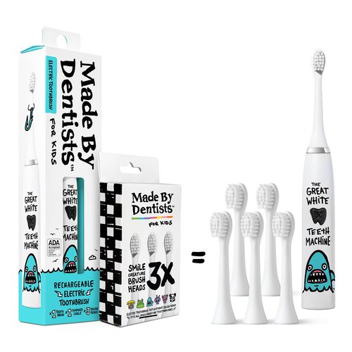 Made by Dentists Kids Electric Toothbrush - Rechargeable Vibrating Toothbrush with Timer, Includes 6 Replacement Heads, Gently Cleans Teeth, Girls and Boys, Kid & Toddlers Age 2+, Shark
