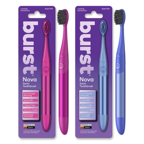 Burst Nova Toothbrush (2 Pack/Pink & Blue) | Sonic Powered Teeth Whitening | Super-Soft Bristles | 18000 VPM | 2 Minute Timer | Aluminum Handle | Replaceable Brush Head | Compact Size | AAA Battery