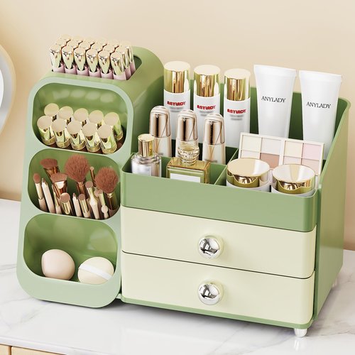 Anylady Makeup Organizer with Drawers, Skincare Organizer (Large Size Thick), Storage Box Cosmetic Display Cases, Make up Organizers for Vanity, Dresser, Desk, Kitchen, Countertop (green)