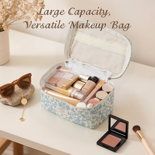 Givurao Large Makeup Bag, Cute Cosmetic Bag for Women Girls Floral Coquette Aesthetic Toiletry Bag Travel Make Up Organizer Bag (Blue)