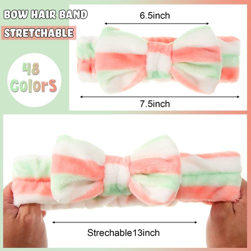 Tigeen 48 Pieces Spa Headband Bulk, Headband for Washing Face, Coral Fleece Bow Hair Band, Skincare Hair Band for Women Shower Cosmetic Facial Makeup Mask, 24 Styles